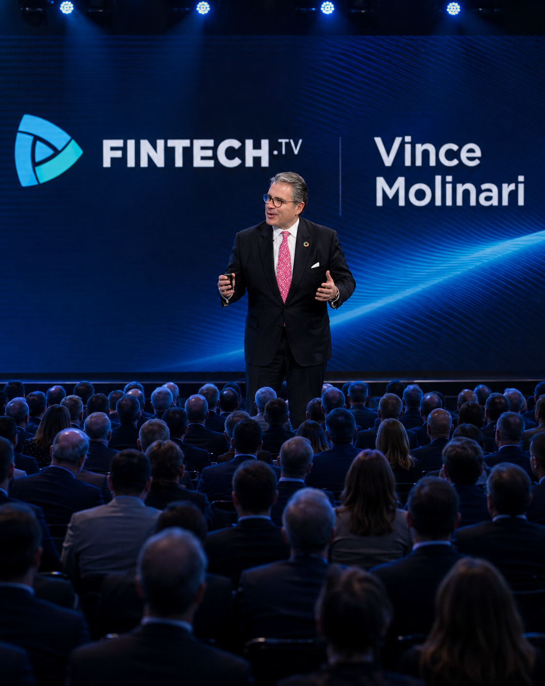 Vince Molinari speaking on stage at a global finance and fintech conference